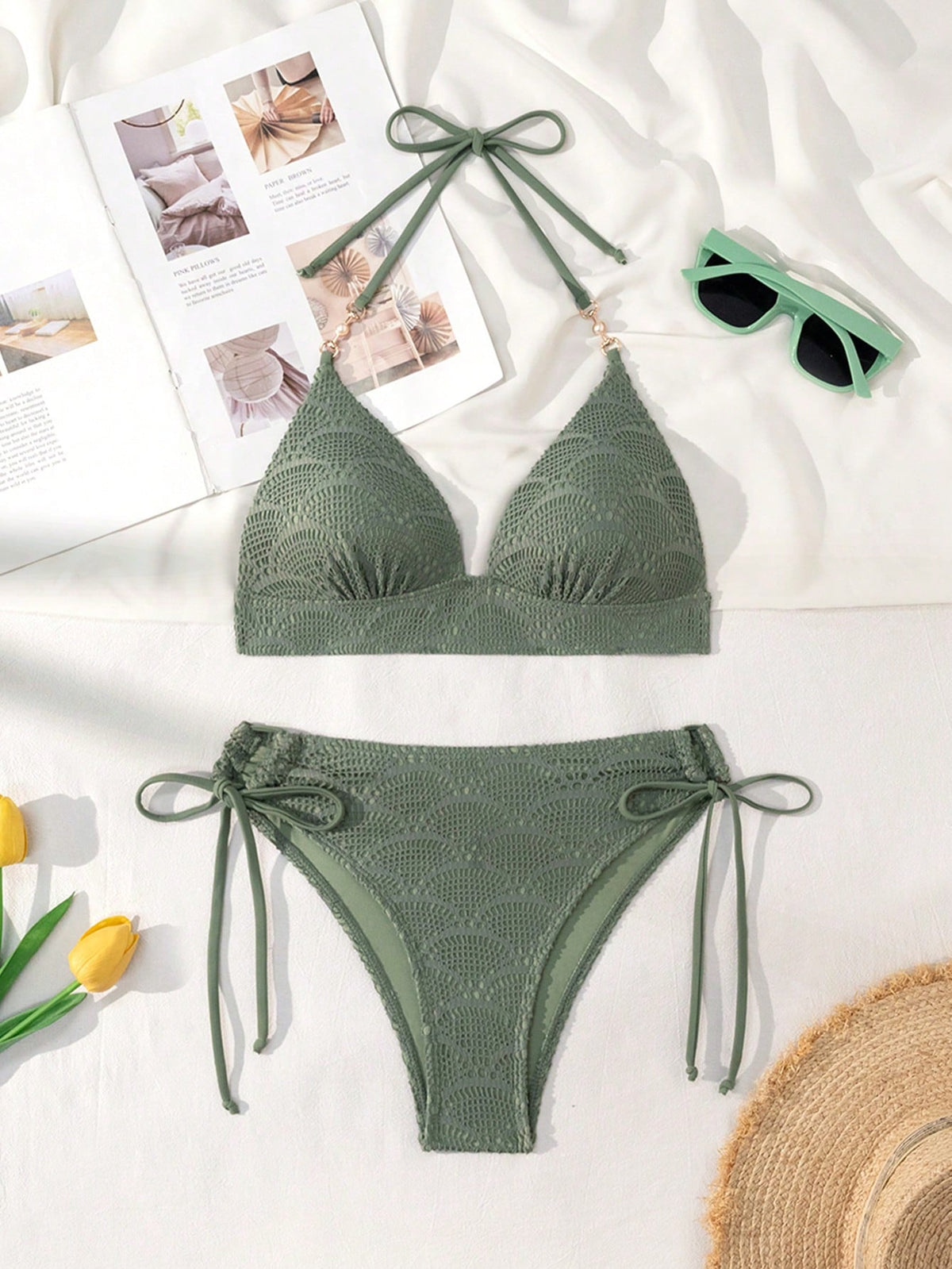 Swim Vcay Women's Summer Beach Vacation Elegant Lace Sage Green Bikini Swimwear Set, Hollow-Out Halter Neck Tie Two-Piece Beach Outfit
