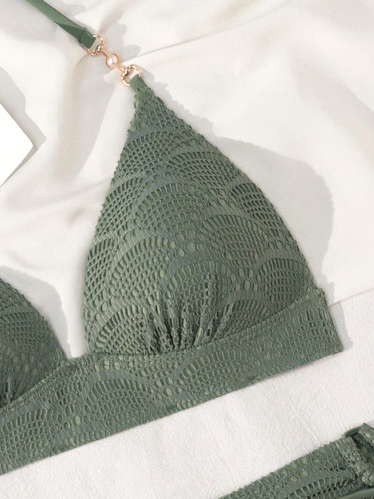 Swim Vcay Women's Summer Beach Vacation Elegant Lace Sage Green Bikini Swimwear Set, Hollow-Out Halter Neck Tie Two-Piece Beach Outfit