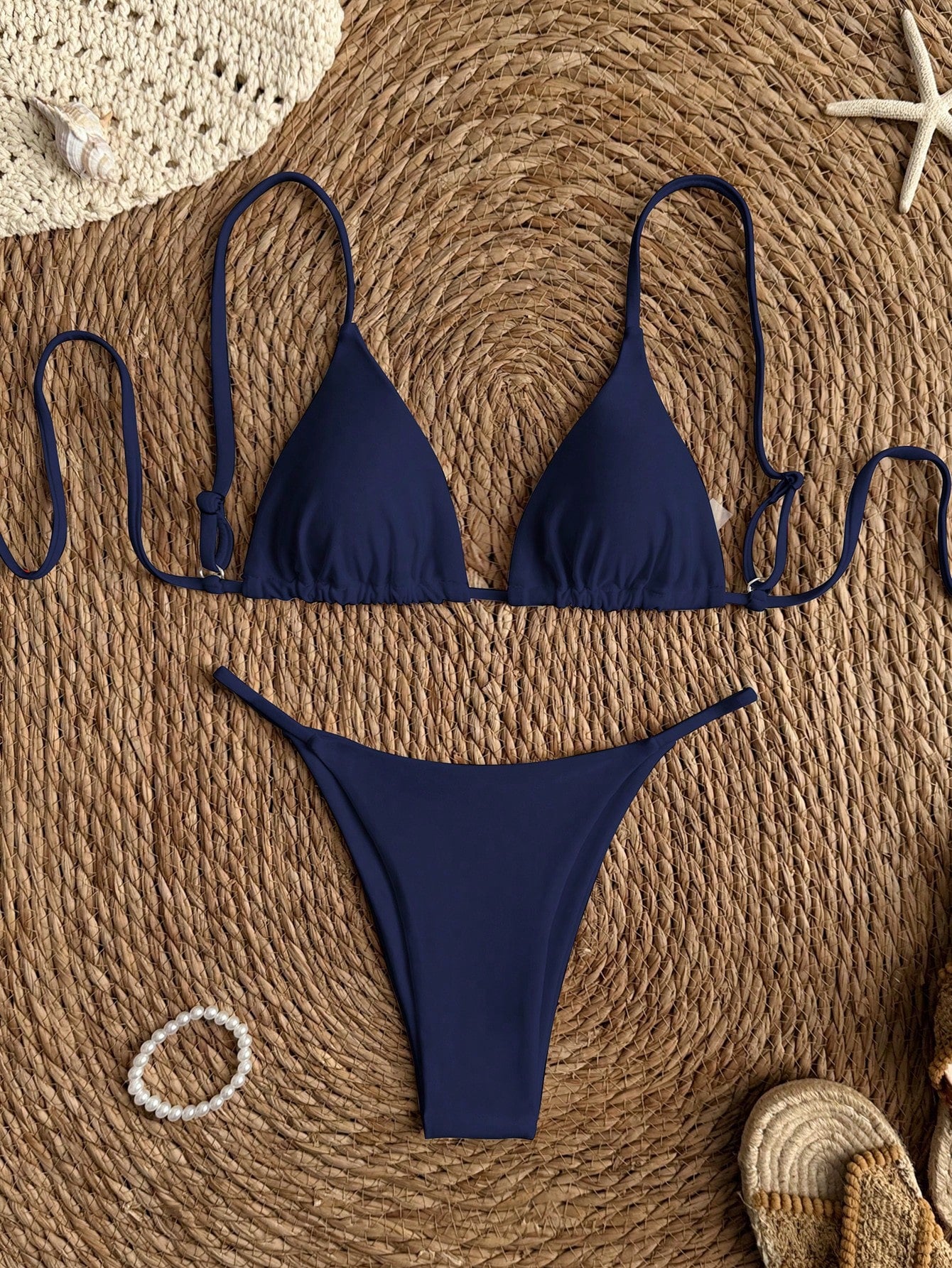Swim Vcay Women's Summer Elegant Navy Blue Bikini Set,Solid Color Spaghetti Strap Triangle Swimwear,Beach Party Holiday Vacation Holiday Bikini Set