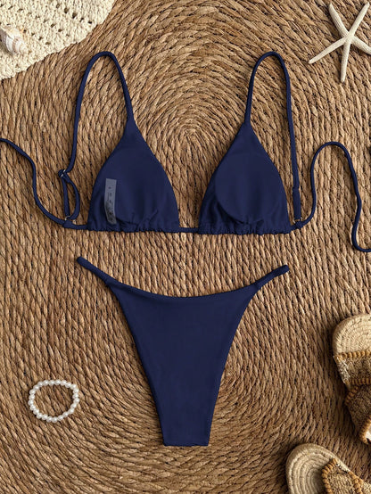 Swim Vcay Women's Summer Elegant Navy Blue Bikini Set,Solid Color Spaghetti Strap Triangle Swimwear,Beach Party Holiday Vacation Holiday Bikini Set