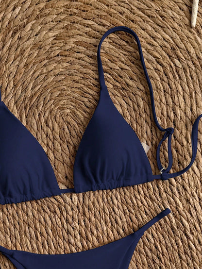 Swim Vcay Women's Summer Elegant Navy Blue Bikini Set,Solid Color Spaghetti Strap Triangle Swimwear,Beach Party Holiday Vacation Holiday Bikini Set