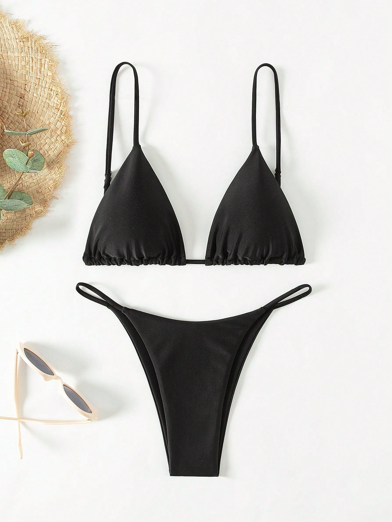 Swim Vcay Women's Summer Elegant Navy Blue Bikini Set,Solid Color Spaghetti Strap Triangle Swimwear,Beach Party Holiday Vacation Holiday Bikini Set