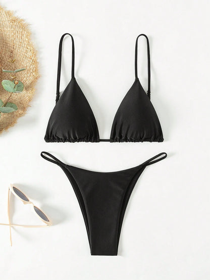 Swim Vcay Women's Summer Elegant Navy Blue Bikini Set,Solid Color Spaghetti Strap Triangle Swimwear,Beach Party Holiday Vacation Holiday Bikini Set