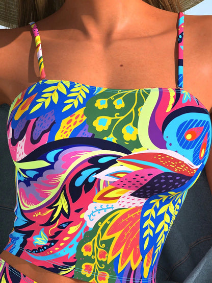 SwimNova Summer New Fashion Women's Colorful Abstract Print Spaghetti Strap Bikini Set, Casual & Elegant, Suitable For Beach Vacation And Party Wear