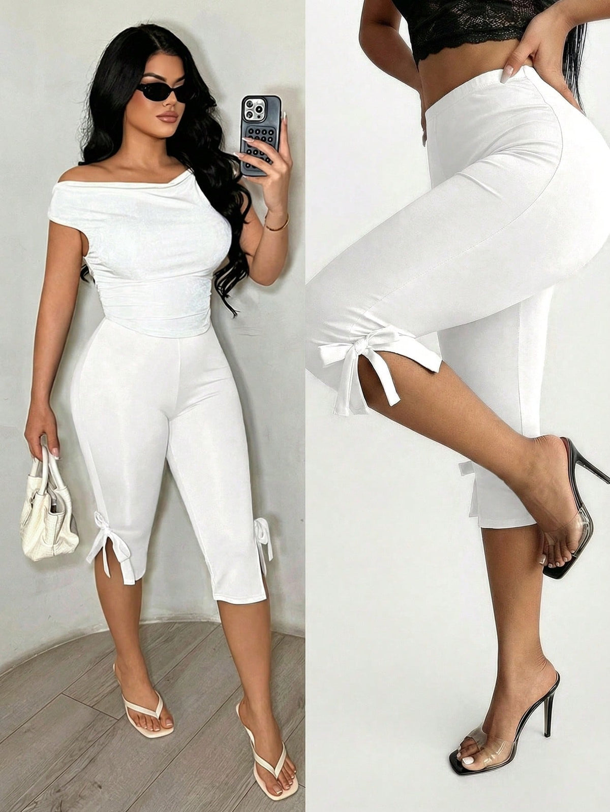 SXY Solid Color Bow Tie Capri Leggings