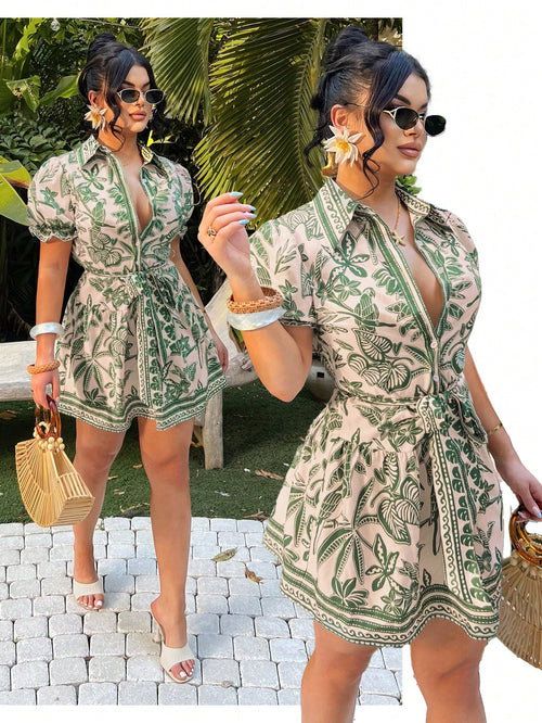 SXY Women's Beige Summer Boho Single-Breasted Tie-Front Short Sleeve A-Line Shirt Dress,Tropical Holiday Vacation Outfits,Bohemian Island Cruise Clothes