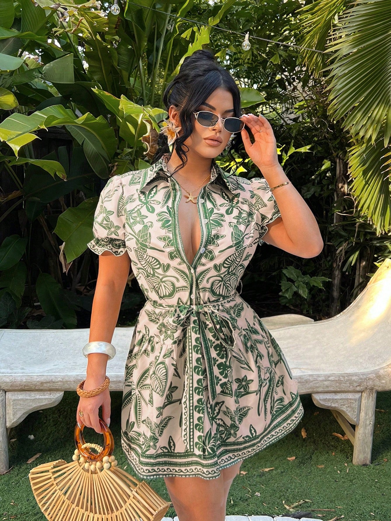 SXY Women's Beige Summer Boho Single-Breasted Tie-Front Short Sleeve A-Line Shirt Dress,Tropical Holiday Vacation Outfits,Bohemian Island Cruise Clothes