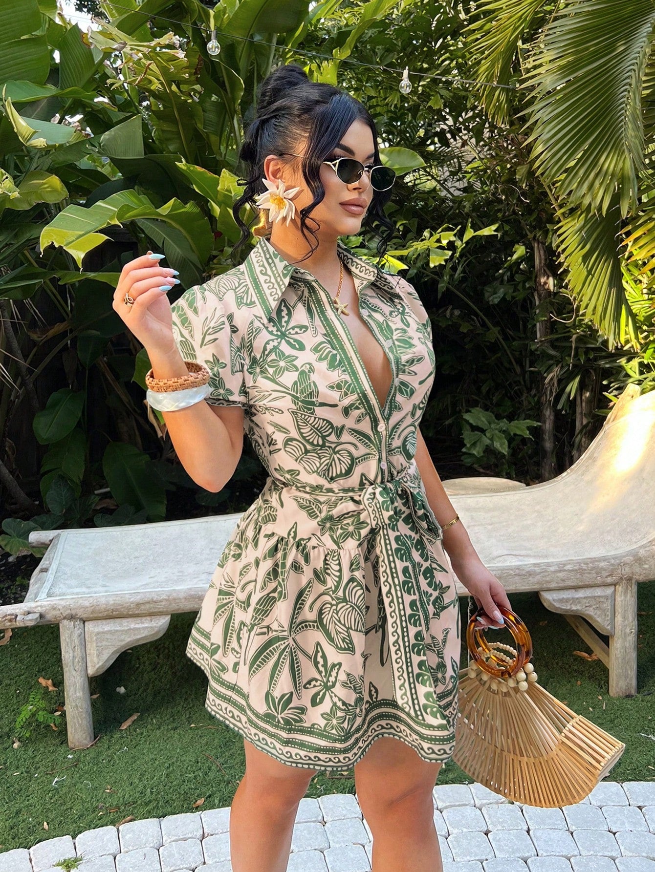 SXY Women's Beige Summer Boho Single-Breasted Tie-Front Short Sleeve A-Line Shirt Dress,Tropical Holiday Vacation Outfits,Bohemian Island Cruise Clothes