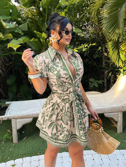SXY Women's Beige Summer Boho Single-Breasted Tie-Front Short Sleeve A-Line Shirt Dress,Tropical Holiday Vacation Outfits,Bohemian Island Cruise Clothes