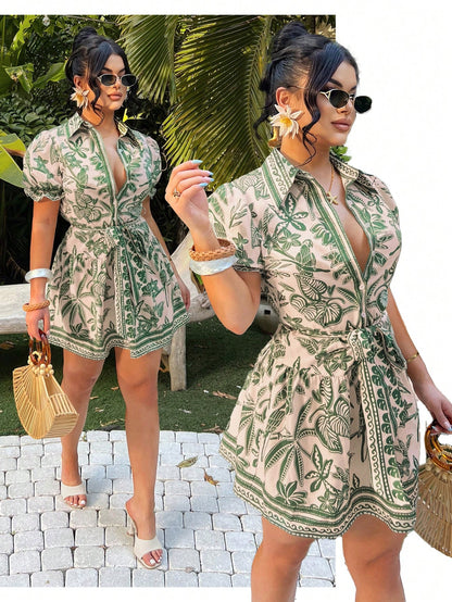 SXY Women's Beige Summer Boho Single-Breasted Tie-Front Short Sleeve A-Line Shirt Dress,Tropical Holiday Vacation Outfits,Bohemian Island Cruise Clothes