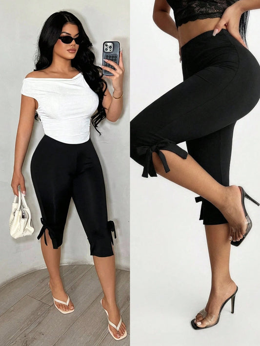 SXY Women's Black Summer Basic Casual Gym Bow Decor Skinny Capri Leggings,Yoga Pants,Capri Cropped Workout Bottoms,Versatile Daily Wear Cute Bow Pants