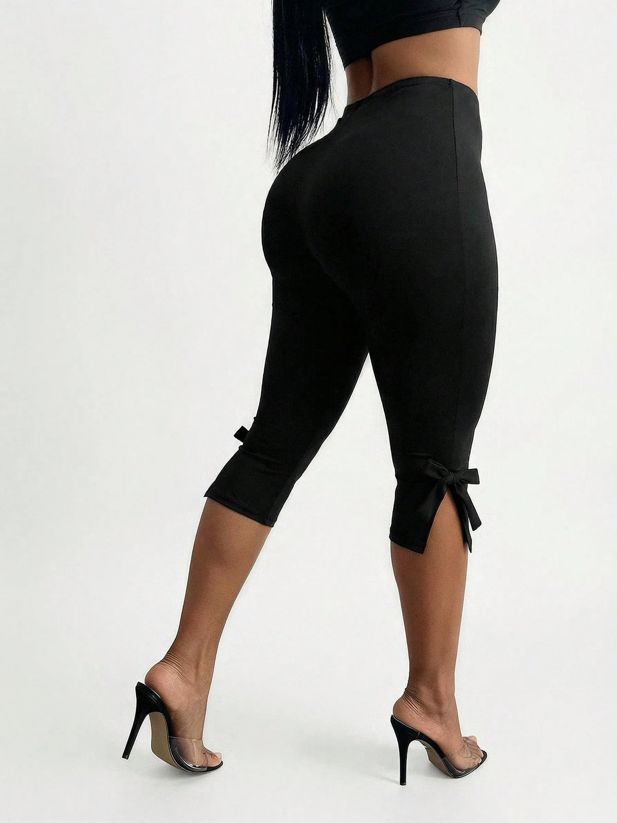 SXY Women's Black Summer Basic Casual Gym Bow Decor Skinny Capri Leggings,Yoga Pants,Capri Cropped Workout Bottoms,Versatile Daily Wear Cute Bow Pants