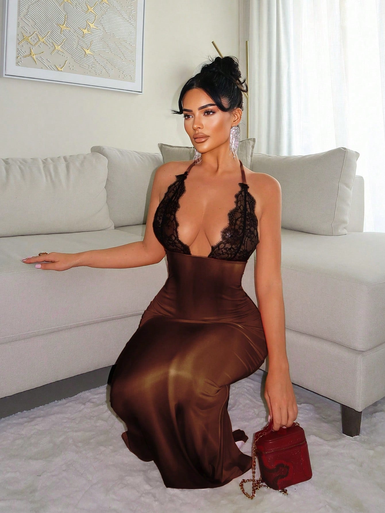 SXY Women's Contrast Lace V-Neck Fitted Dress, Sexy,Bodycon Dress,Club Outfits Women Sexy