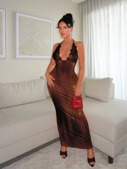 SXY Women's Contrast Lace V-Neck Fitted Dress, Sexy,Bodycon Dress,Club Outfits Women Sexy