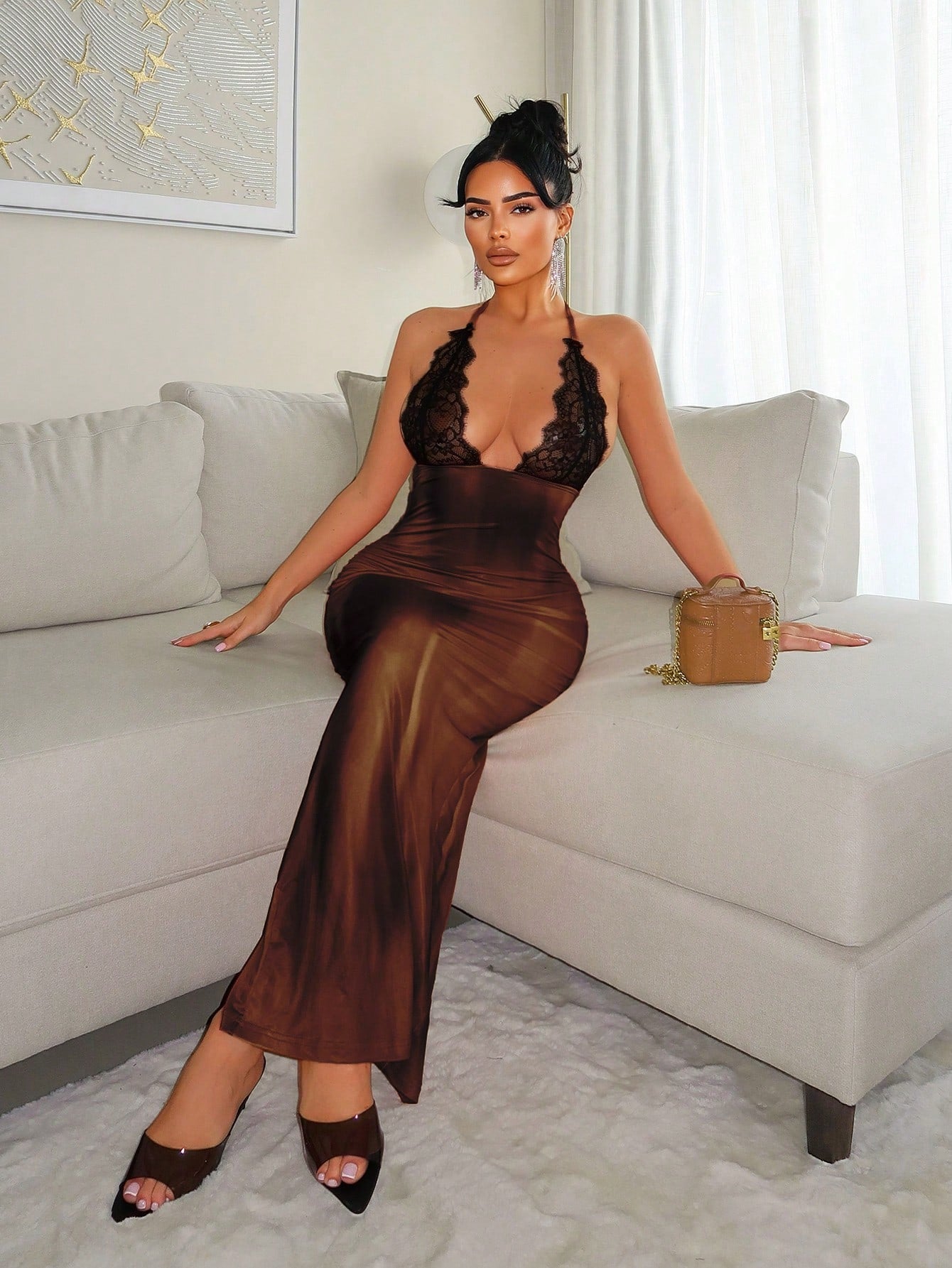 SXY Women's Contrast Lace V-Neck Fitted Dress, Sexy,Bodycon Dress,Club Outfits Women Sexy
