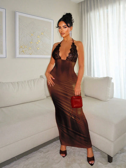 SXY Women's Contrast Lace V-Neck Fitted Dress, Sexy,Bodycon Dress,Club Outfits Women Sexy