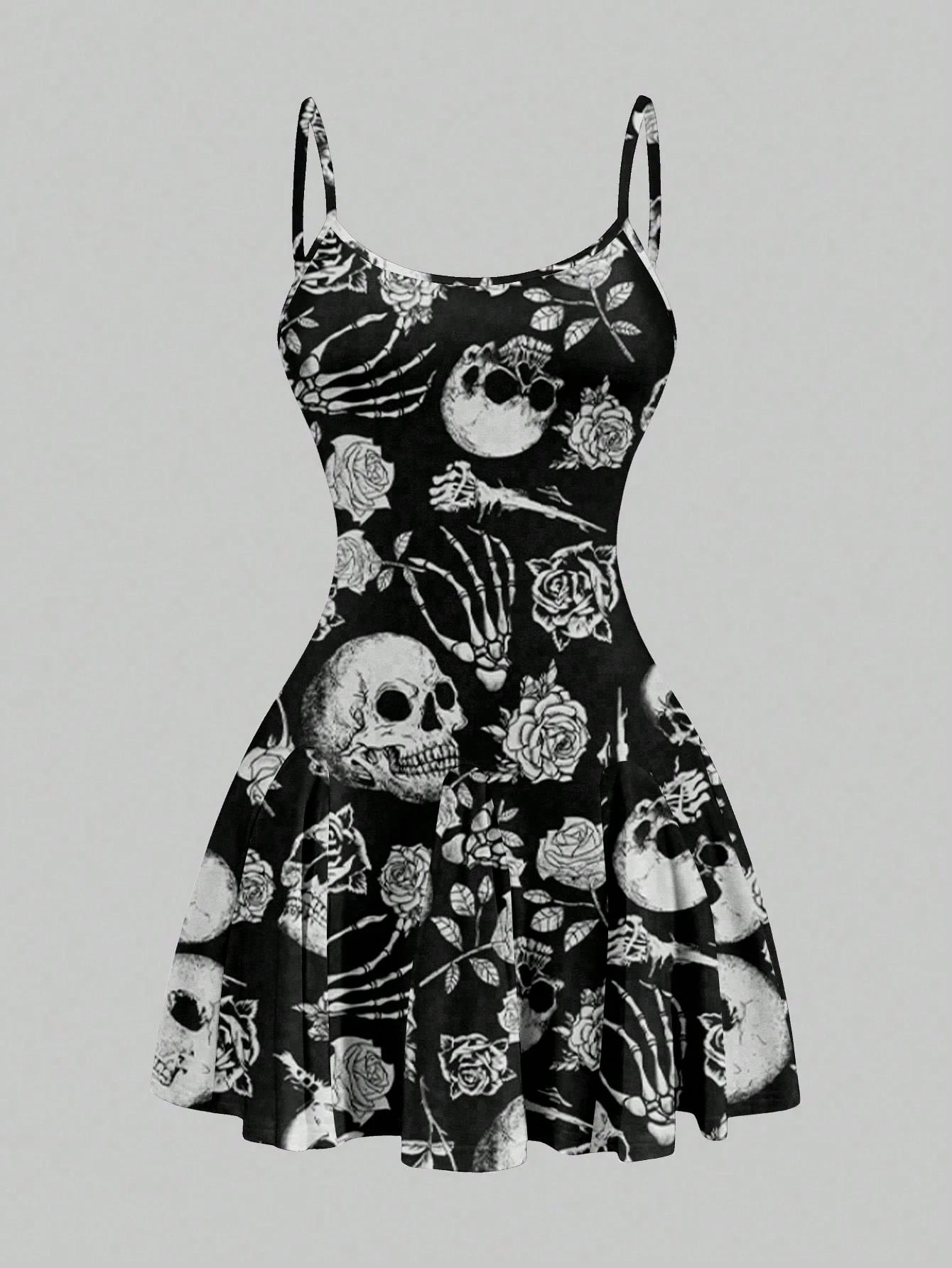 SXY Women's Skull Print Suspender A-Line Hem Mini Dress,Casual Simple Full Frame Halloween Costume,Black And White,Summer,Goth,Club Chic Outing Night Out