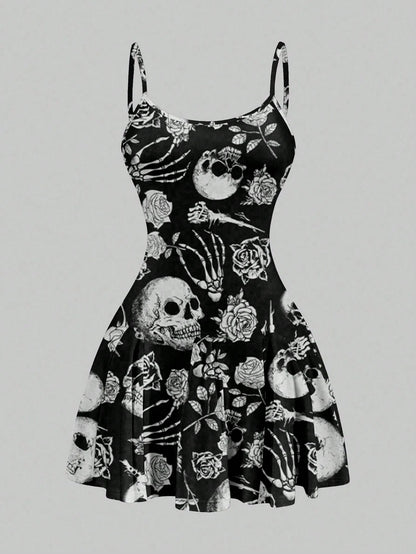 SXY Women's Skull Print Suspender A-Line Hem Mini Dress,Casual Simple Full Frame Halloween Costume,Black And White,Summer,Goth,Club Chic Outing Night Out