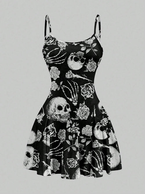 SXY Women's Skull Print Suspender A-Line Hem Mini Dress,Casual Simple Full Frame Halloween Costume,Black And White,Summer,Goth,Club Chic Outing Night Out