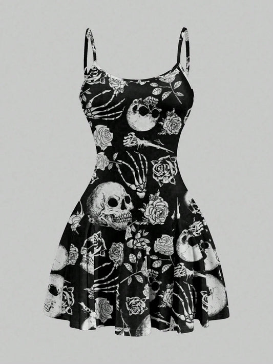 SXY Women's Skull Print Suspender A-Line Hem Mini Dress,Casual Simple Full Frame Halloween Costume,Black And White,Summer,Goth,Club Chic Outing Night Out