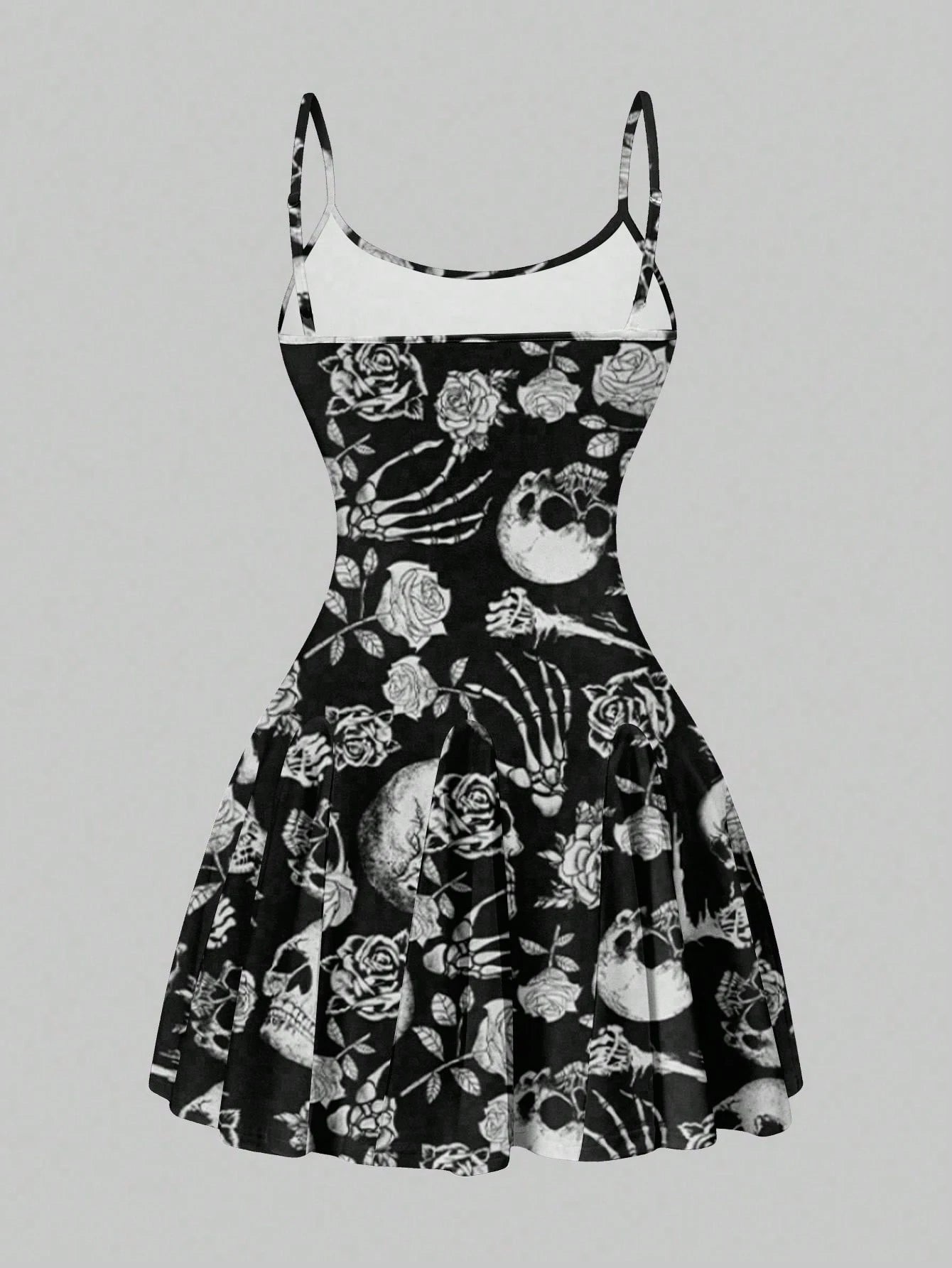 SXY Women's Skull Print Suspender A-Line Hem Mini Dress,Casual Simple Full Frame Halloween Costume,Black And White,Summer,Goth,Club Chic Outing Night Out