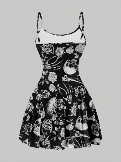 SXY Women's Skull Print Suspender A-Line Hem Mini Dress,Casual Simple Full Frame Halloween Costume,Black And White,Summer,Goth,Club Chic Outing Night Out