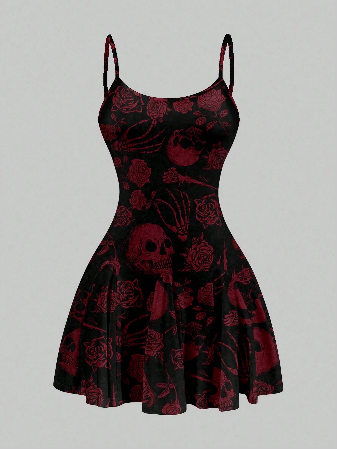 SXY Women's Skull Print Suspender A-Line Hem Mini Dress,Casual Simple Full Frame Halloween Costume,Black And White,Summer,Goth,Club Chic Outing Night Out