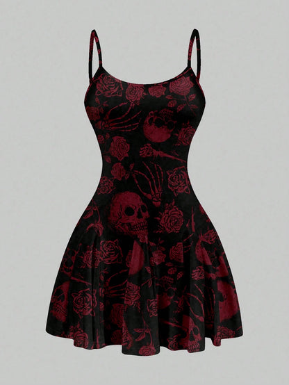 SXY Women's Skull Print Suspender A-Line Hem Mini Dress,Casual Simple Full Frame Halloween Costume,Black And White,Summer,Goth,Club Chic Outing Night Out