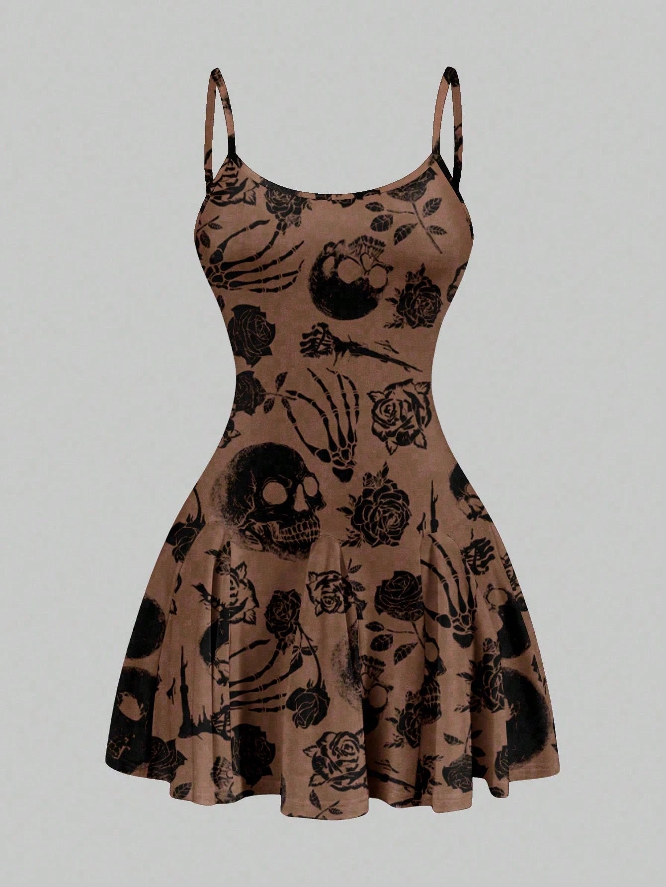 SXY Women's Skull Print Suspender A-Line Hem Mini Dress,Casual Simple Full Frame Halloween Costume,Black And White,Summer,Goth,Club Chic Outing Night Out