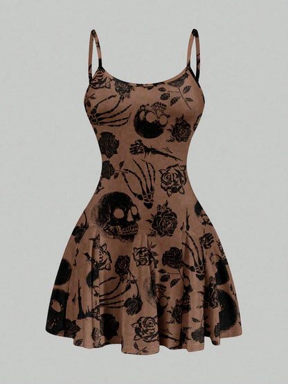 SXY Women's Skull Print Suspender A-Line Hem Mini Dress,Casual Simple Full Frame Halloween Costume,Black And White,Summer,Goth,Club Chic Outing Night Out