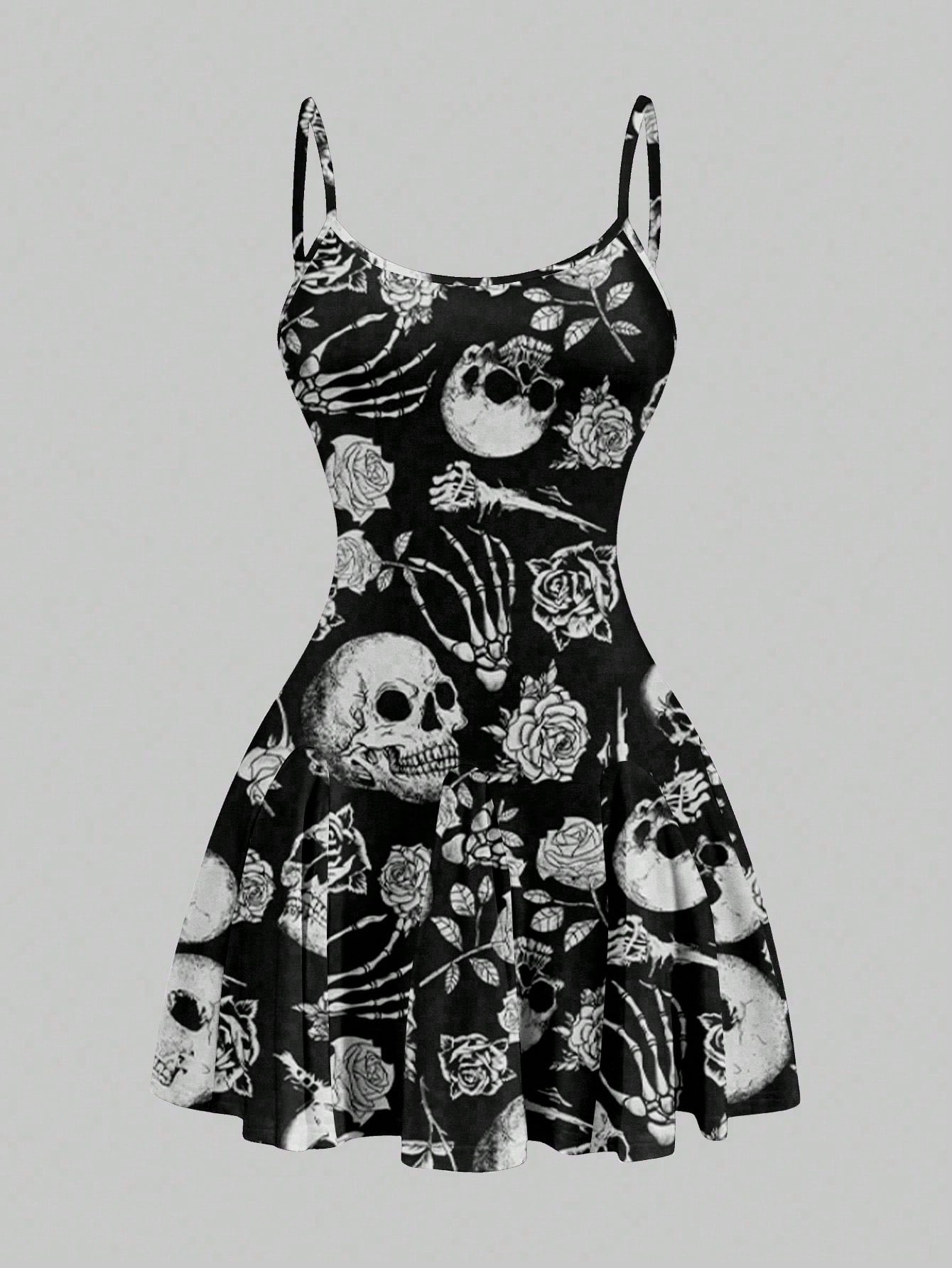 SXY Women's Skull Print Suspender A-Line Hem Mini Dress,Casual Simple Full Frame Halloween Costume,Black And White,Summer,Goth,Club Chic Outing Night Out