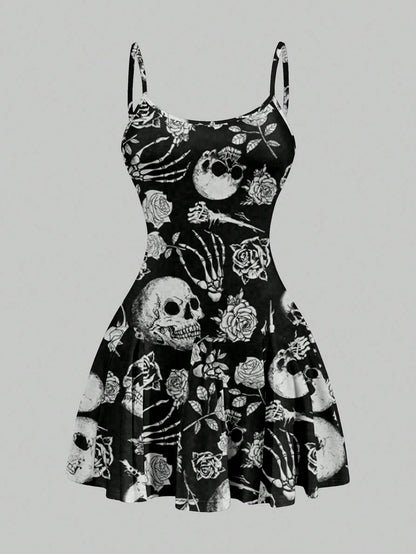 SXY Women's Skull Print Suspender A-Line Hem Mini Dress,Casual Simple Full Frame Halloween Costume,Black And White,Summer,Goth,Club Chic Outing Night Out