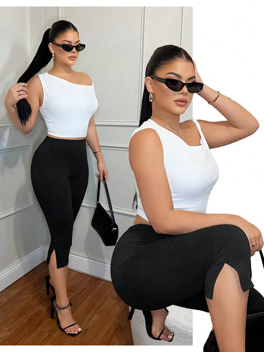 SXY Women's Solid Color Casual Sexy Slim Fit Split-Hem Capri Leggings, Workout Women,Business Casual,Going Out Gym Workout,Old Money,Teacher, Summer Black