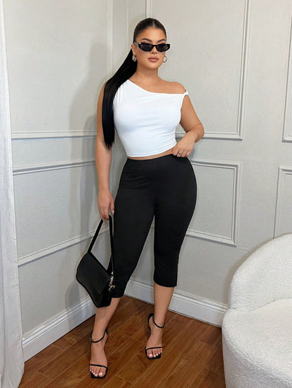 SXY Women's Solid Color Casual Sexy Slim Fit Split-Hem Capri Leggings, Workout Women,Business Casual,Going Out Gym Workout,Old Money,Teacher, Summer Black
