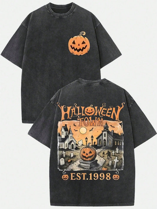 T Shirt Vintage Halloween Town Washed Cotton T Shirt Halloween Town Est 1998 Grunge Tops Gothic Women Clothes Punk Emo Clothes Y2K Tops