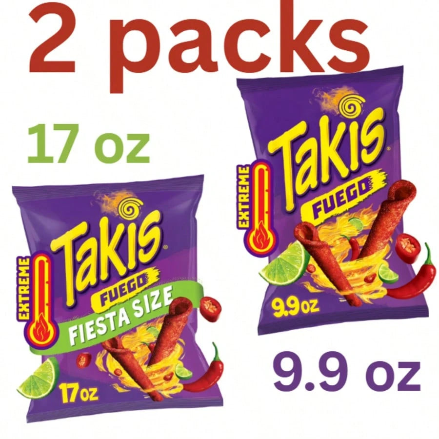 Takis Fuego Rolled Tortilla Chips, Hot Chili Pepper & Lime – 17 Oz Fiesta Size + 9.9 Oz Sharing Size (2 Pack)