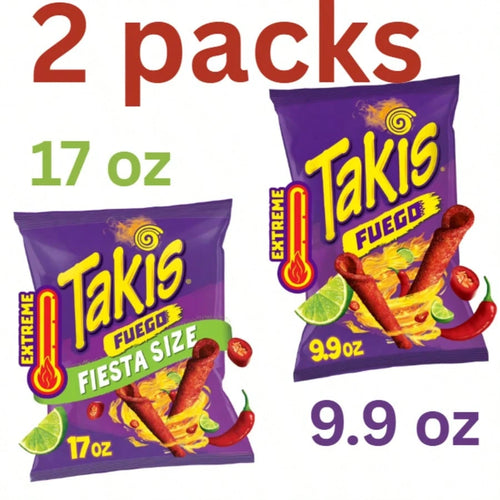 Takis Fuego Rolled Tortilla Chips, Hot Chili Pepper & Lime – 17 Oz Fiesta Size + 9.9 Oz Sharing Size (2 Pack)