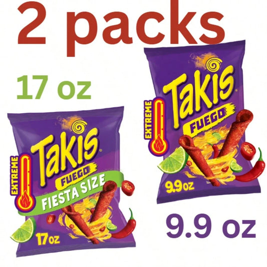 Takis Fuego Rolled Tortilla Chips, Hot Chili Pepper & Lime – 17 Oz Fiesta Size + 9.9 Oz Sharing Size (2 Pack)