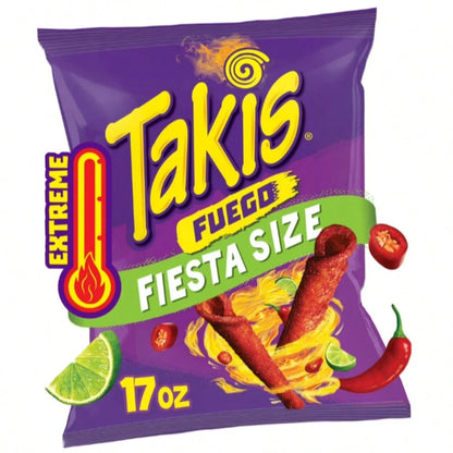 Takis Fuego Rolled Tortilla Chips, Hot Chili Pepper & Lime – 17 Oz Fiesta Size + 9.9 Oz Sharing Size (2 Pack)