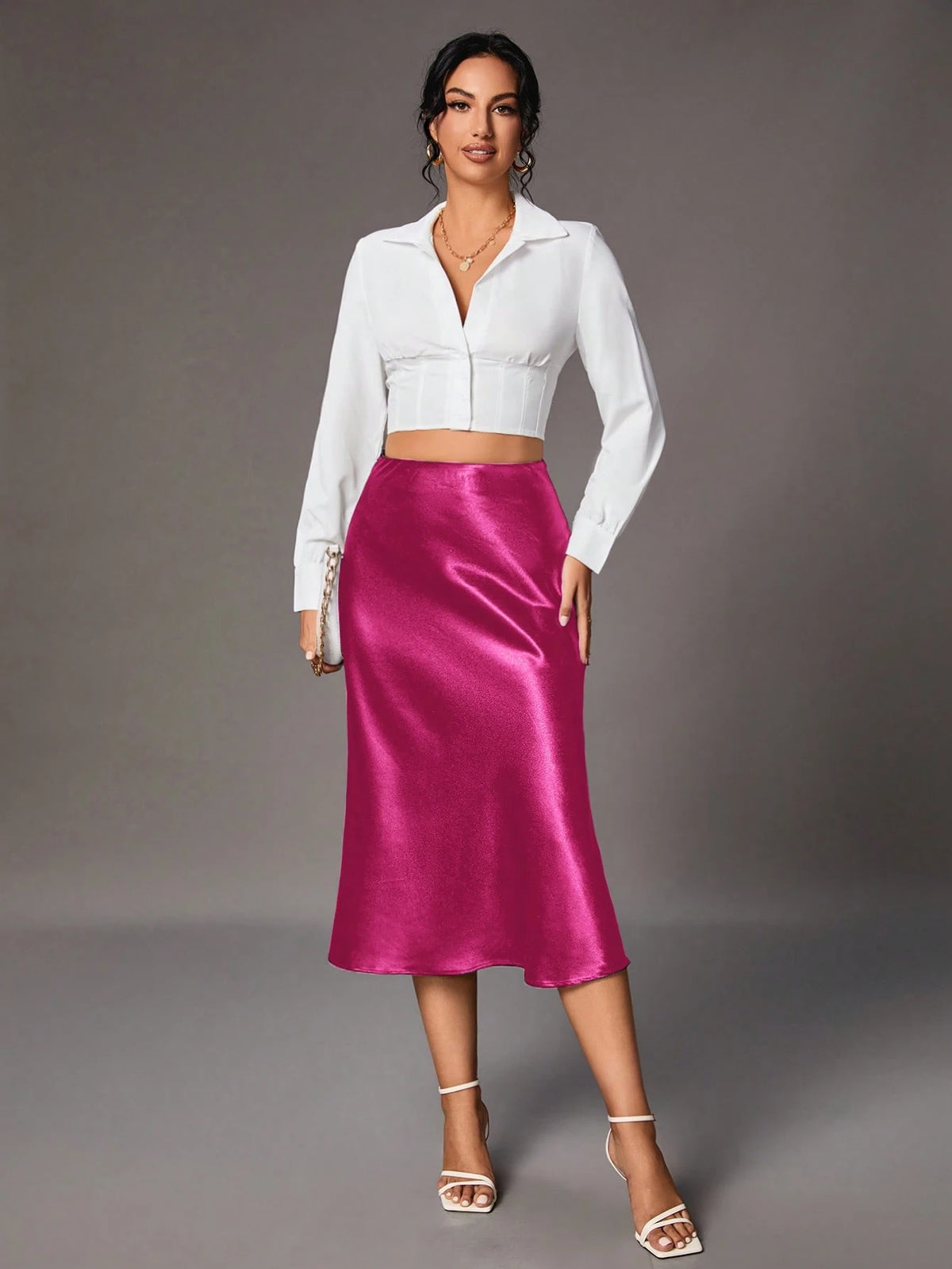 Tall Women Elegant Commuting Minimalist Solid Color Skirt Hot Pink, Tall Women