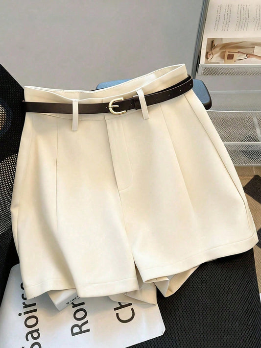Tall Women's Off-White Summer Casual Office Shorts,Mid-High Waist Wide-Leg Tailored Shorts With Pockets And A Belt,Fashion Versatile Solid Color Bottoms, Tall Women