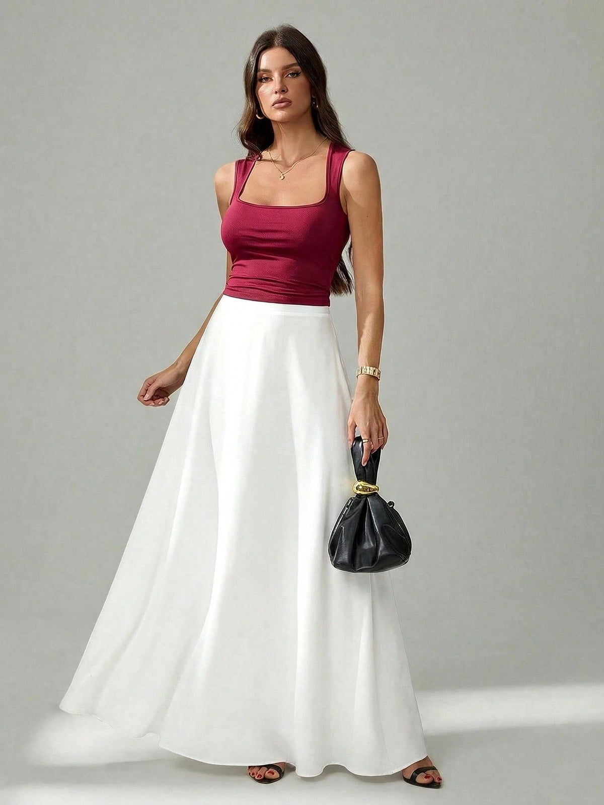 Tall Women's Solid Color With Slanted Pockets Practical Elegant Simple Commuting Office A-Line Umbrella Skirt Long Formal White Maxi Skirts For Women, Tall Women
