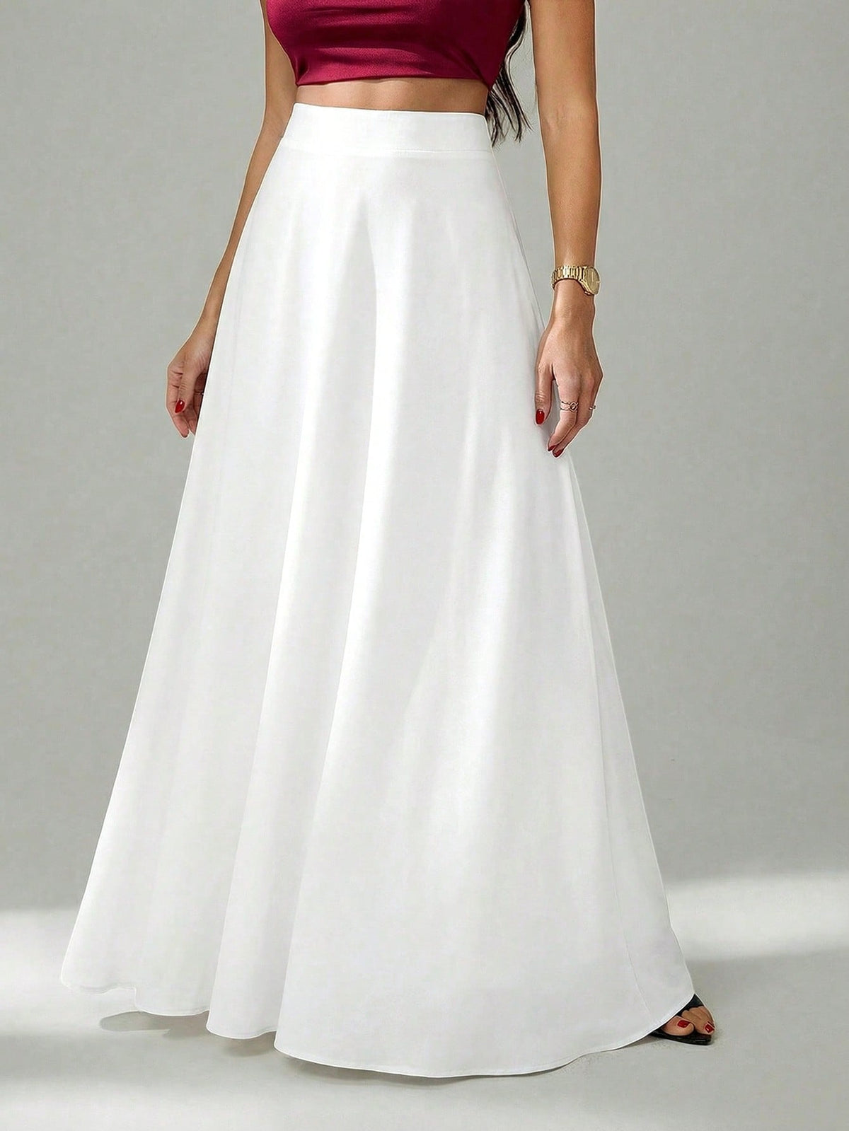 Tall Women's Solid Color With Slanted Pockets Practical Elegant Simple Commuting Office A-Line Umbrella Skirt Long Formal White Maxi Skirts For Women, Tall Women