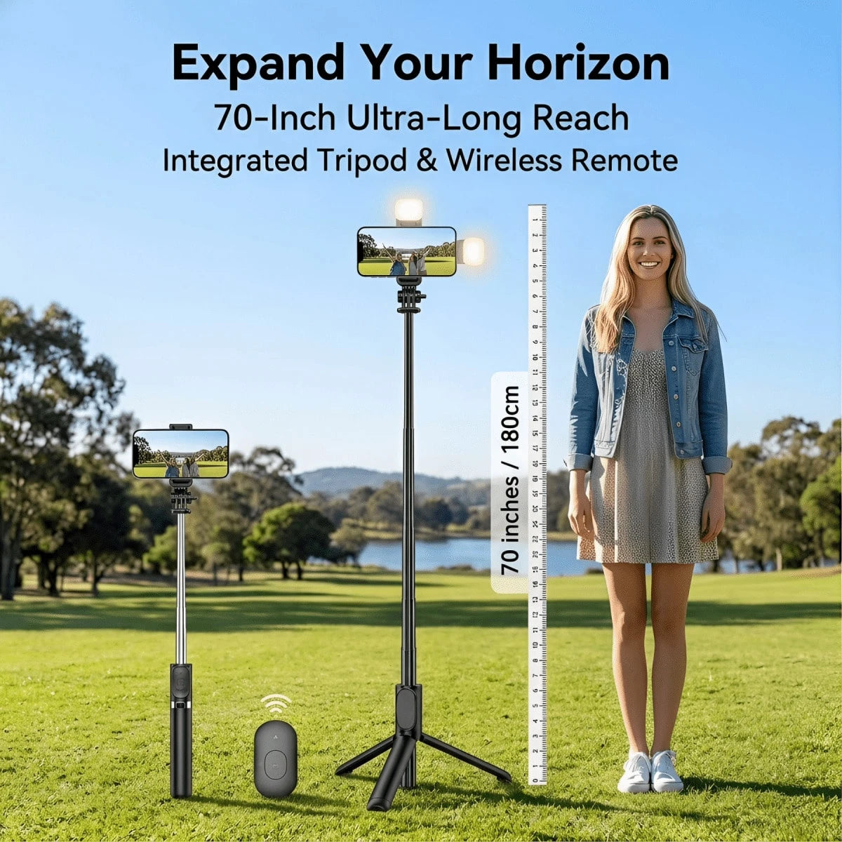 Tangle-Free Large Size Smartphone Photography Accessories Tripod Fill Light 70'' Extendable Selfie Stick Tripod With Wireless Remote & Dual Fill Lights Portable Phone Stand For Smartphones And Cell Ph