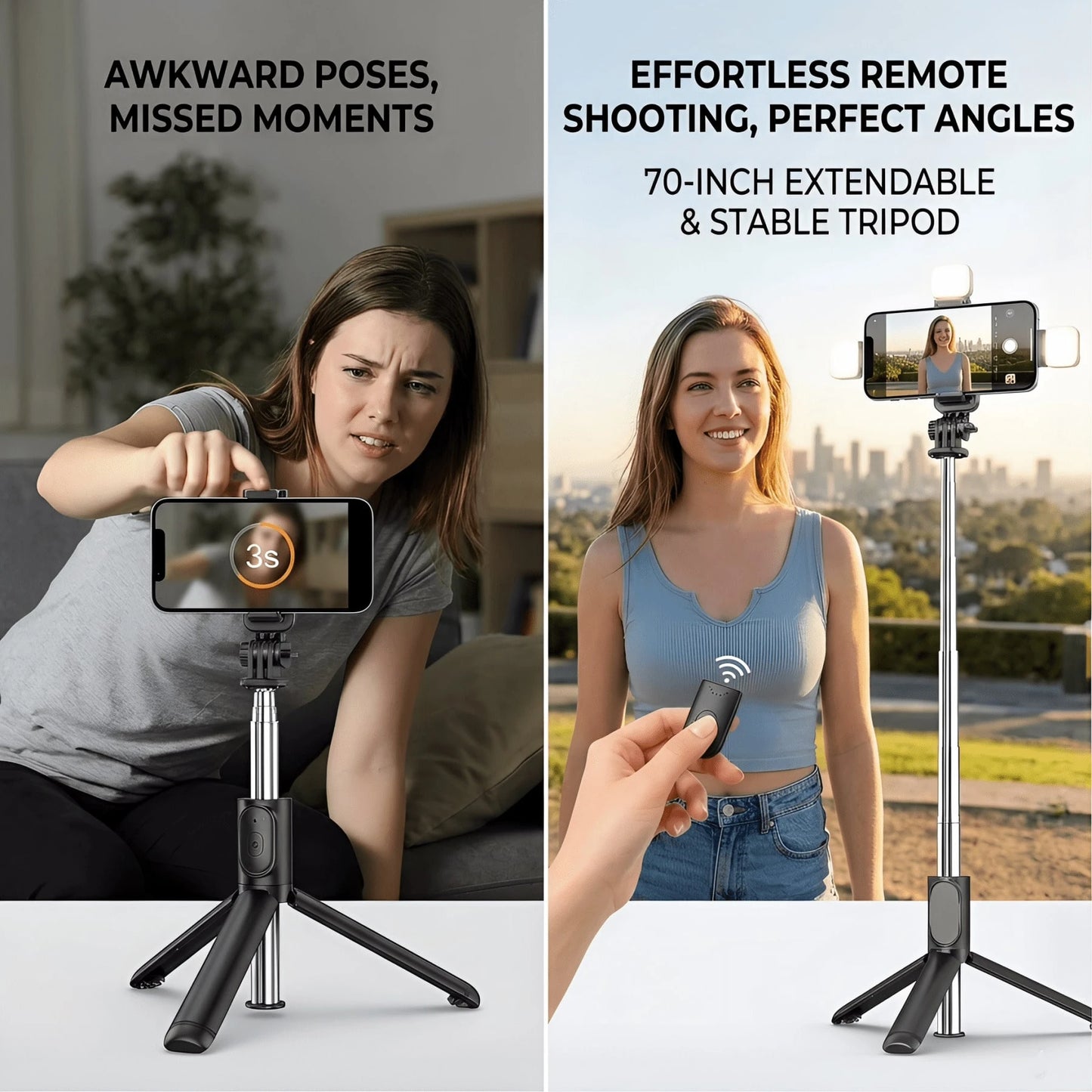 Tangle-Free Large Size Smartphone Photography Accessories Tripod Fill Light 70'' Extendable Selfie Stick Tripod With Wireless Remote & Dual Fill Lights Portable Phone Stand For Smartphones And Cell Ph