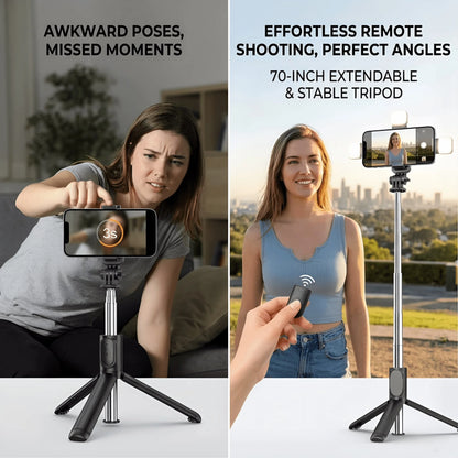 Tangle-Free Large Size Smartphone Photography Accessories Tripod Fill Light 70'' Extendable Selfie Stick Tripod With Wireless Remote & Dual Fill Lights Portable Phone Stand For Smartphones And Cell Ph