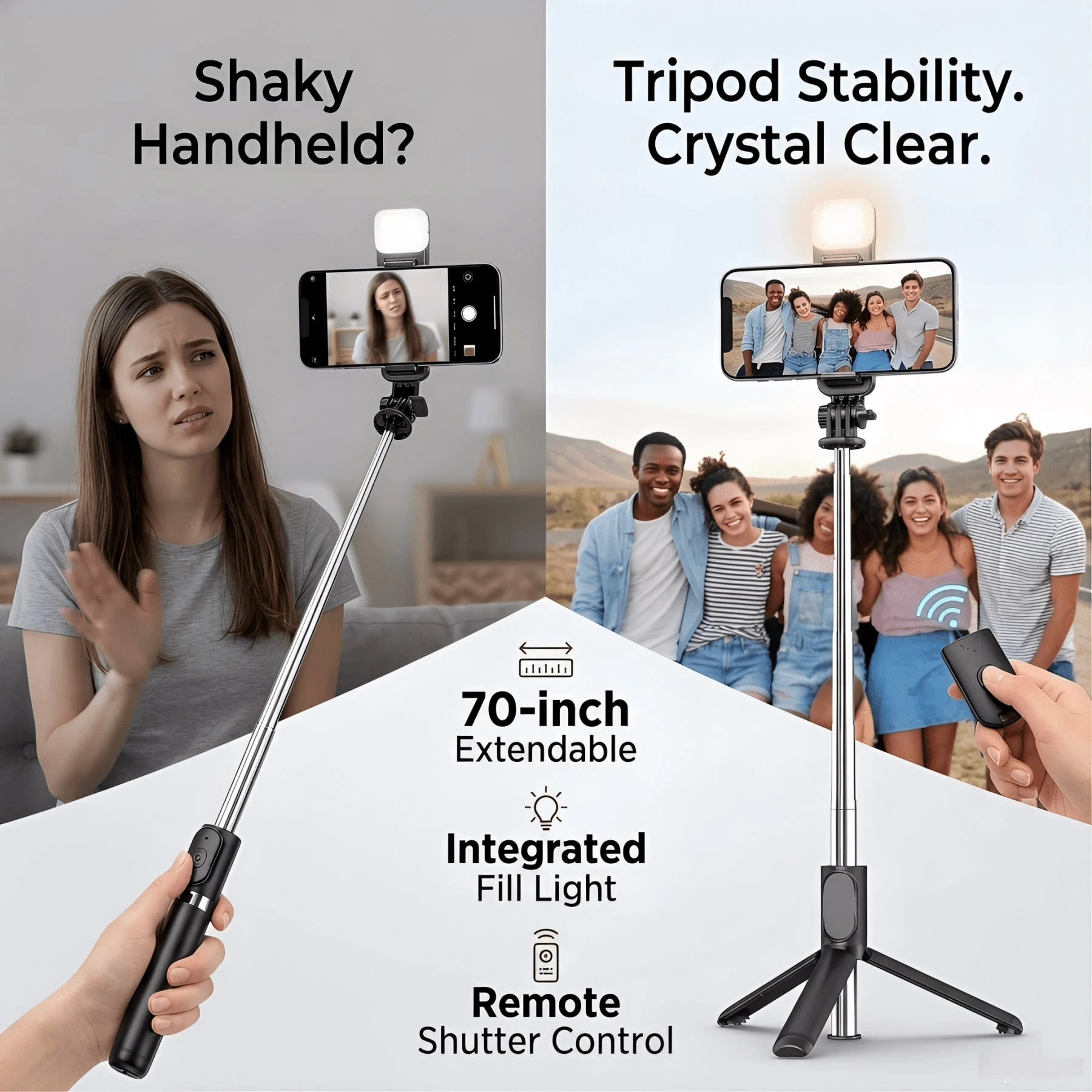 Tangle-Free Large Size Smartphone Photography Accessories Tripod Fill Light 70'' Extendable Selfie Stick Tripod With Wireless Remote & Dual Fill Lights Portable Phone Stand For Smartphones And Cell Ph