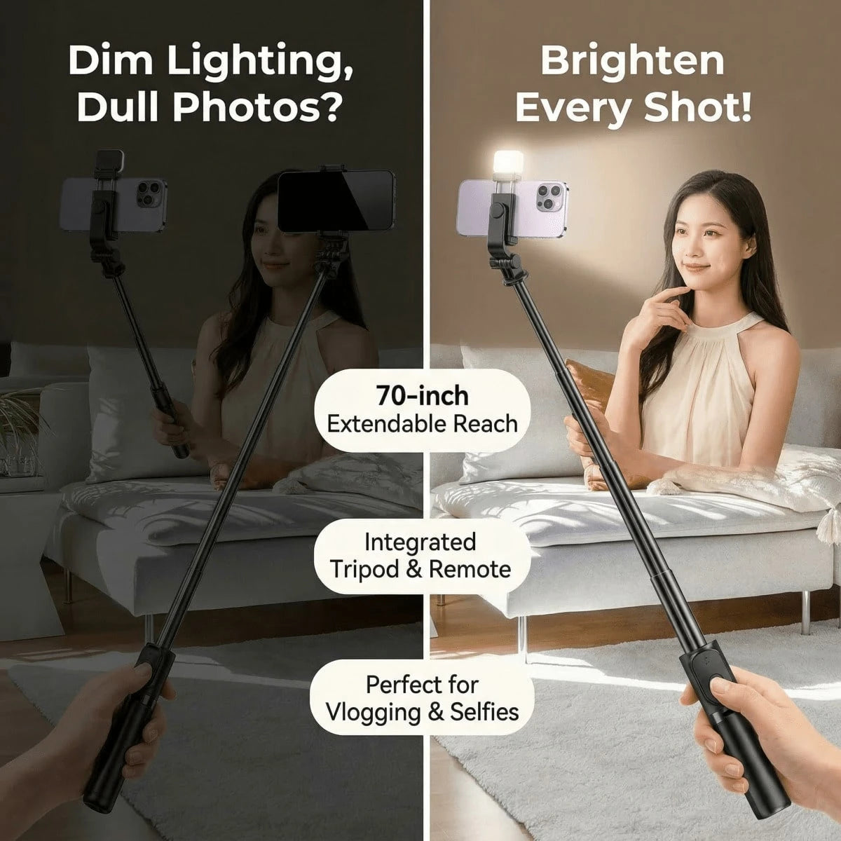 Tangle-Free Large Size Smartphone Photography Accessories Tripod Fill Light 70'' Extendable Selfie Stick Tripod With Wireless Remote & Dual Fill Lights Portable Phone Stand For Smartphones And Cell Ph