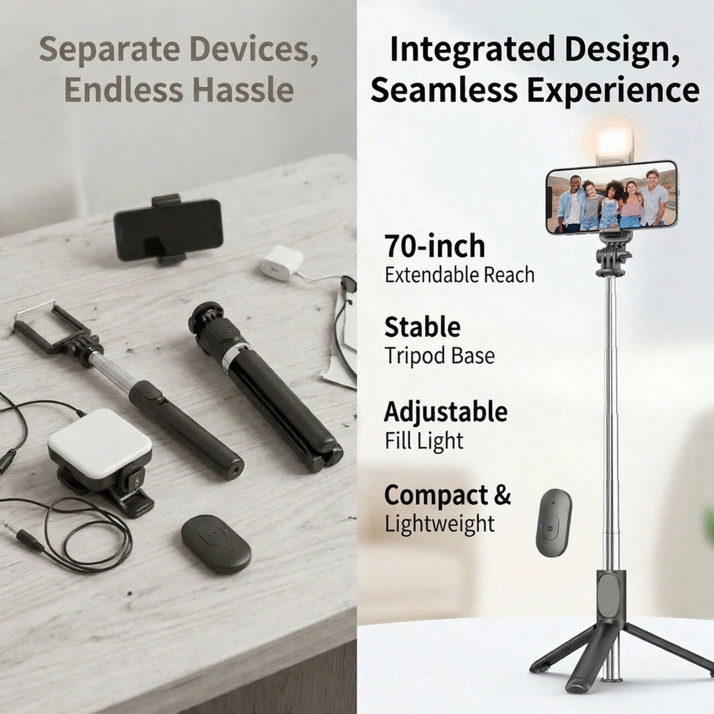 Tangle-Free Large Size Smartphone Photography Accessories Tripod Fill Light 70'' Extendable Selfie Stick Tripod With Wireless Remote & Dual Fill Lights Portable Phone Stand For Smartphones And Cell Ph