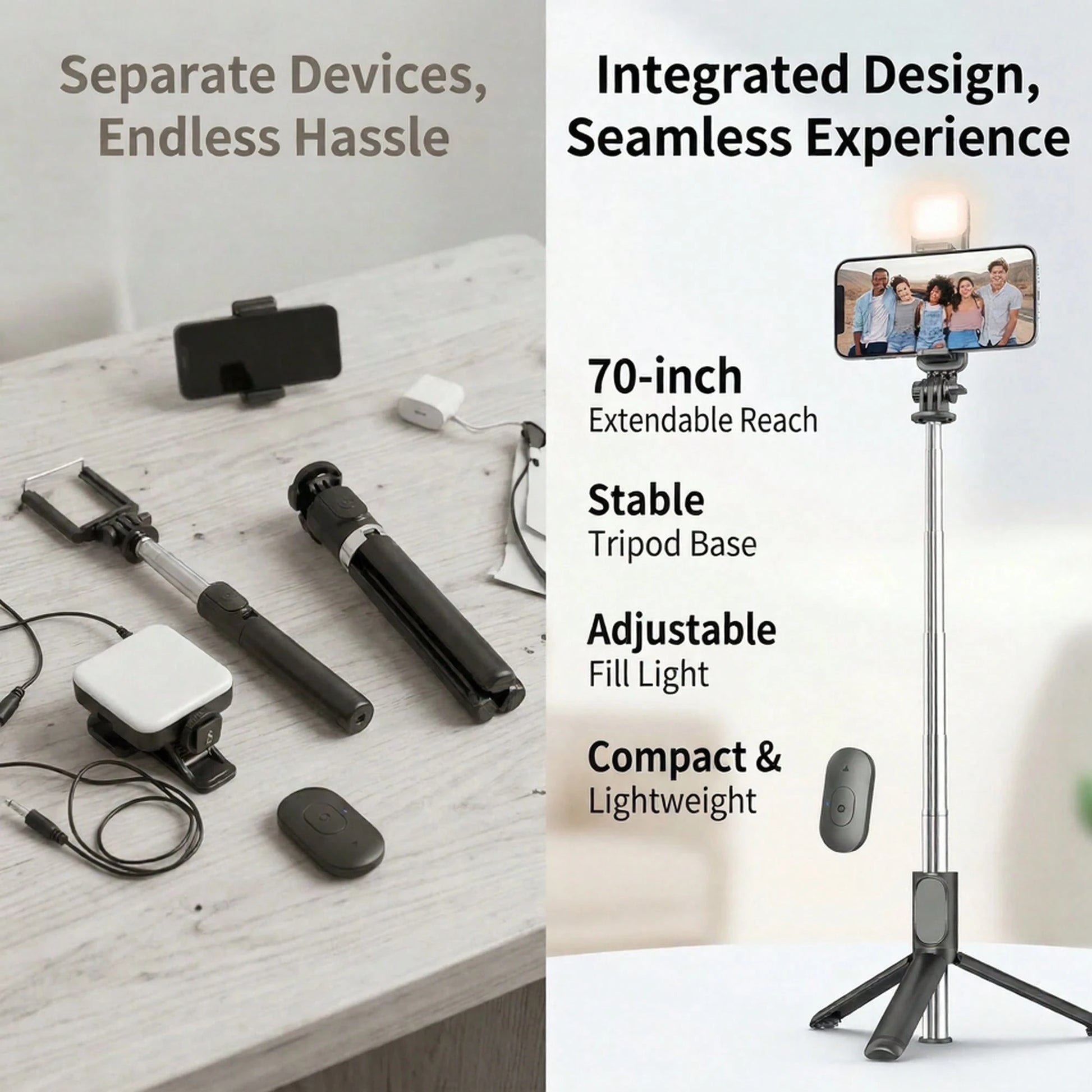 Tangle-Free Large Size Smartphone Photography Accessories Tripod Fill Light 70'' Extendable Selfie Stick Tripod With Wireless Remote & Dual Fill Lights Portable Phone Stand For Smartphones And Cell Ph